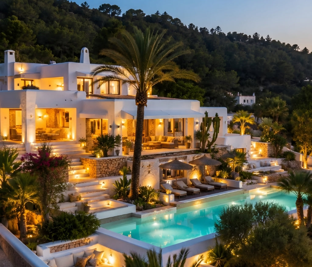 Terraza de una villa en Ibiza al atardecer